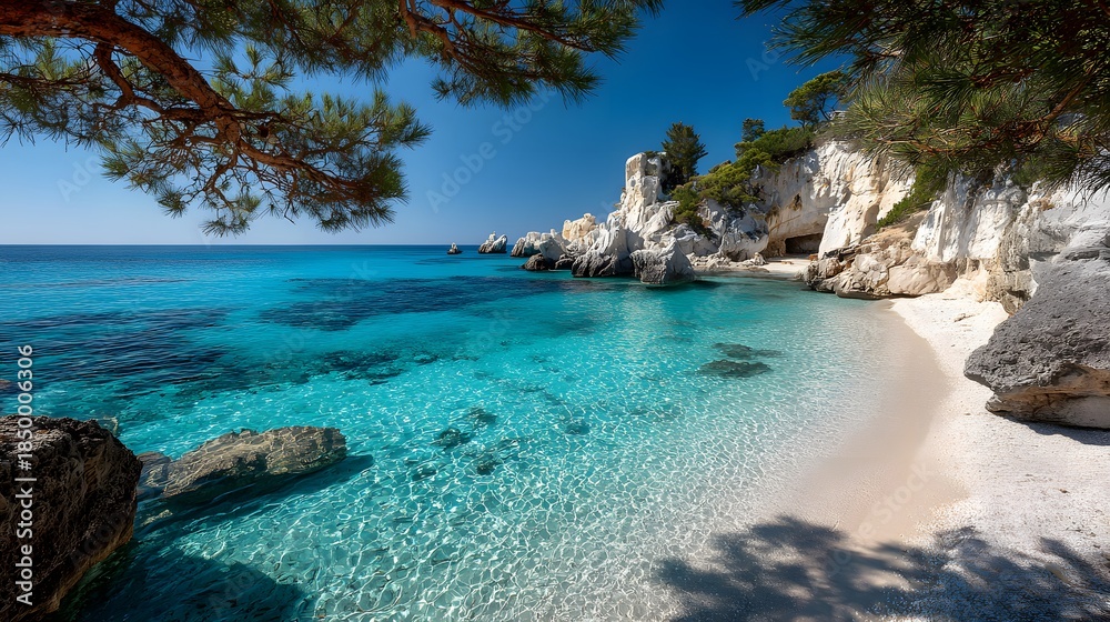 Fototapeta premium Secluded Mediterranean beach cove features crystal clear turquoise water and white sand limestone cliffs framed by a pine tree branch.