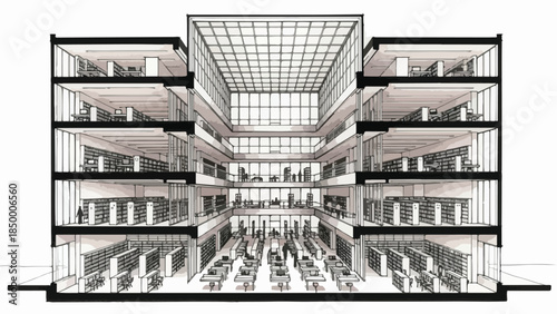 Architectural cross section of a modern high rise building with multiple floors sketch