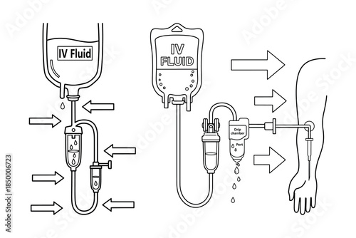 IV Fluid Drip Infusion Setup Diagram Line Art Illustration