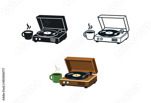 slow living vintage record player with steaming cup beside it