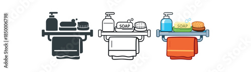 morning routine shower shelf with towel soap and brush