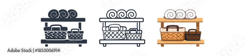 home organization bathroom shelf with baskets and rolled towels