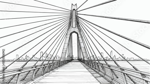 Modern architectural perspective of a bridge or walkway with steel cables sketch