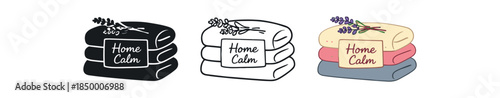 mindful home stack of cozy folded blankets with lavender sprig and label home calm