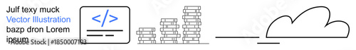 Cloud computing, programming, data storage, digital innovation, coding, online services. Design includes coding icon, data stacks and an abstract cloud. Cloud computing and programming concept
