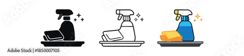 home cleaning routine spray bottle and cleaning cloth on small tray