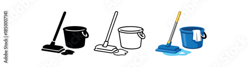 home cleaning routine mop and bucket next to small floor puddle