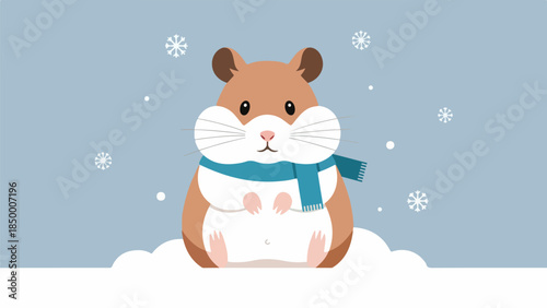 Charming illustrated hamster with brown fur and blue scarf sitting on snow mound with light blue background and snowflakes