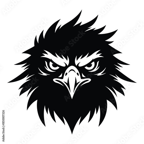 Black silhouette of an angry eagle head with sharp feathers and intense gaze