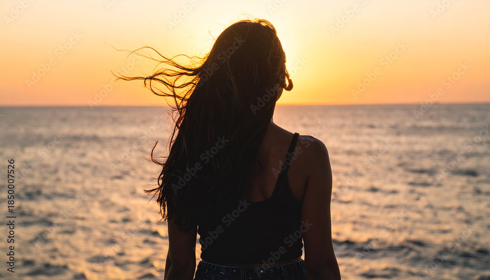 Fototapeta premium Back view of woman looking at ocean sunset, hair flowing in the sea breeze, golden hour glow