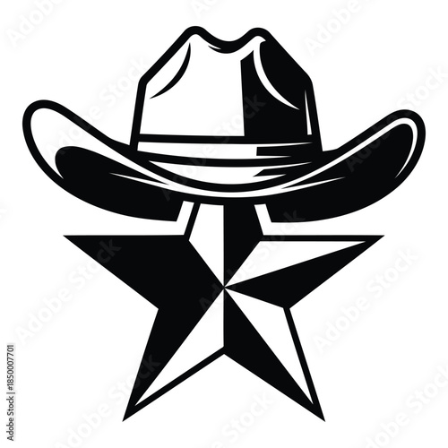 cowboy hat on top of a star symbol in black and white colors