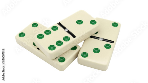 Bilde på lerret Ivory domino tiles with green pips isolated PNG, classic game pieces for board g