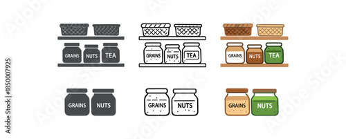 zero contain mindful living minimalist pantry shelf with labeled jars and woven baskets