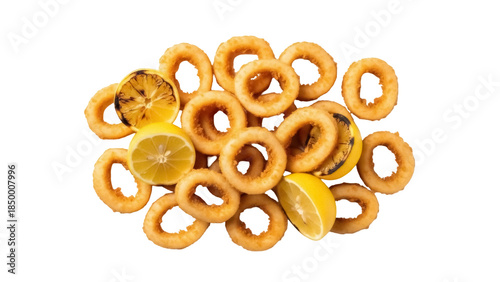 Fotografi Golden fried calamari rings with grilled lemon isolated on transparent backgroun