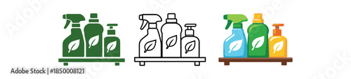 eco cleaning row of eco cleaning bottles on shelf each with simple leaf icon