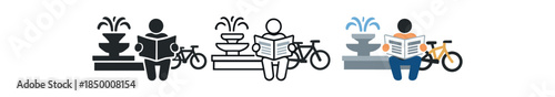 urban minimalism person reading newspaper near fountain and bicycle minimal