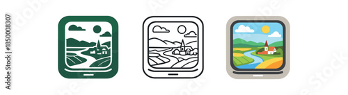 eco travel train window view fields river and small village soft colors