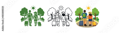 eco travel couple walking with small suitcases tree lined street slow tourism