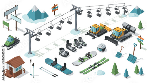 Isometric winter resort equipment and ski lift with snowy landscape elements