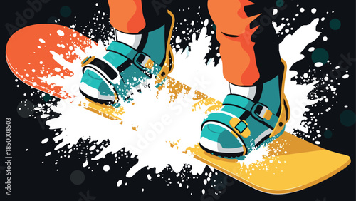 Dynamic snowboarding adventure splash art with vibrant colors