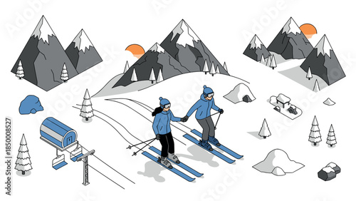 Winter adventure: isometric skiing scene with snowy mountains and trees