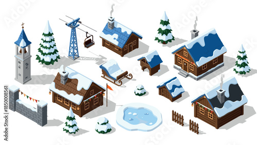 Charming winter village with snow-covered houses and festive elements in isometric style