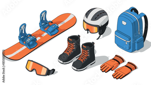 Winter sports gear: essential snowboarding equipment in isometric design