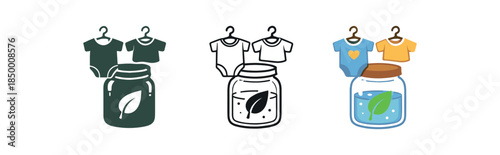 eco laundry baby clothes on tiny hangers above glass jar gentle detergent