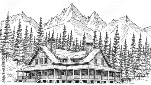 Large wooden lodge architecture in snowy mountain forest landscape vector sketch