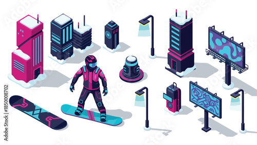 Futuristic isometric snowboarding in urban winter scene with neon elements
