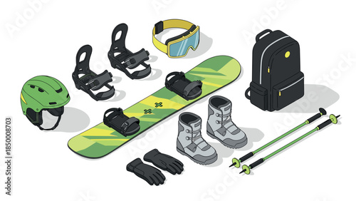 Winter sports gear collection: snowboard, helmet, boots, and accessories in isometric design