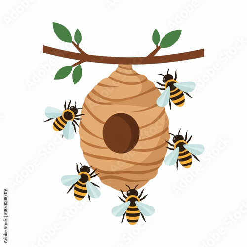 Honeybees flying around a hanging beehive on a tree branch.