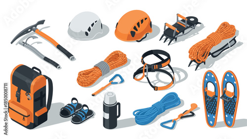 Essential isometric mountaineering equipment for outdoor adventures