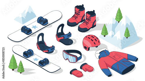 Winter sports gear collection featuring snowboarding equipment in isometric design