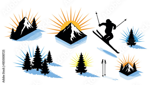 Dynamic winter adventure with skiing silhouettes and mountain sunbursts