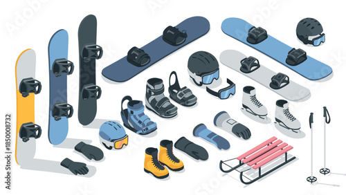 Winter sports gear isometric set: snowboards, helmets, skis, and more