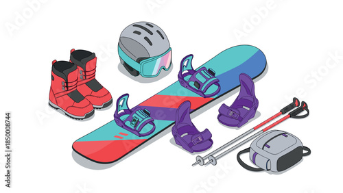 Modern isometric snowboarding gear set with bold colors and accessories