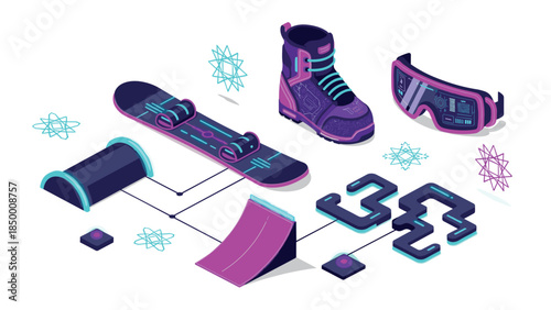 Futuristic isometric snowboarding gear and urban course elements
