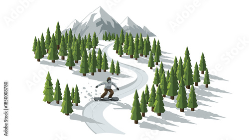 Snowboarder navigating forested mountain trail in winter landscape