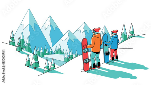 Winter adventure: snowboarders exploring scenic mountain landscape