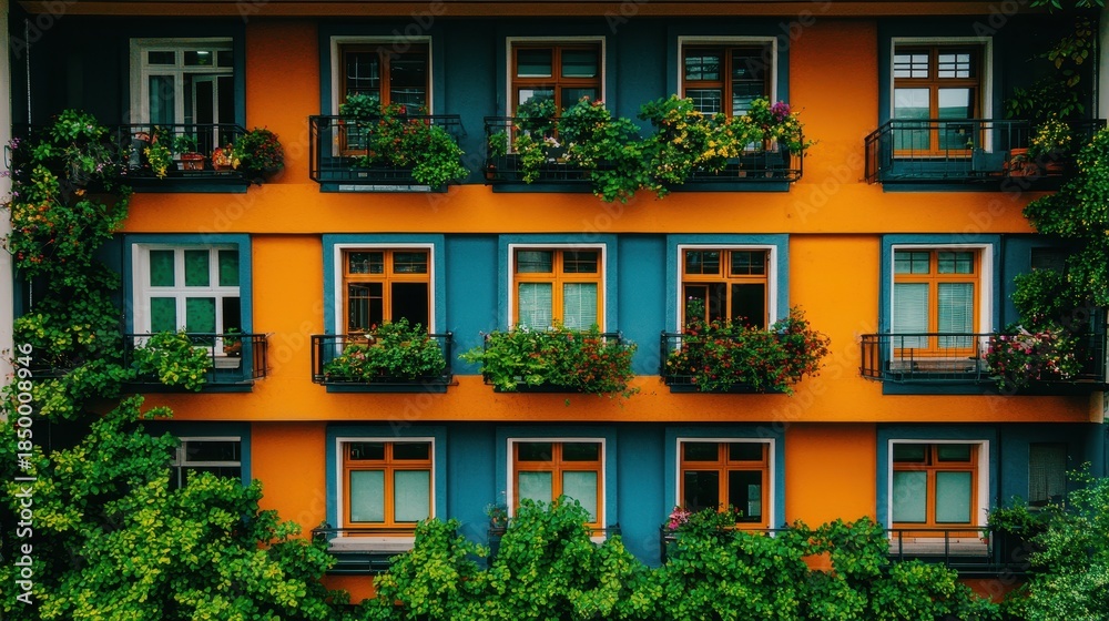 Fototapeta premium Colorful urban building facade with vibrant flowers and greenery in bright colors
