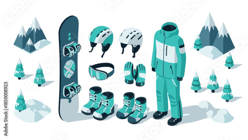 Winter sports gear in isometric style with snowboarding equipment and alpine backdrop