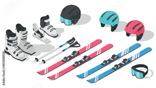 Isometric ski gear set: boots, helmets, goggles, skis, and poles collection