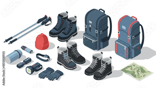 Isometric camping gear: backpacks, hiking boots, and outdoor essentials illustration