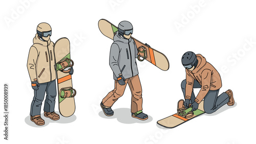 Snowboarding preparation scene with three snowboarders in winter gear
