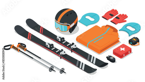 Isometric winter gear kit: ski equipment and safety essentials for outdoor adventures