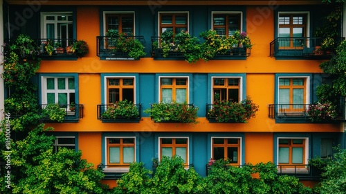 Colorful urban building facade with vibrant flowers and greenery in bright colors