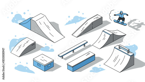 Winter sports park elements with snowboarder in modern isometric style