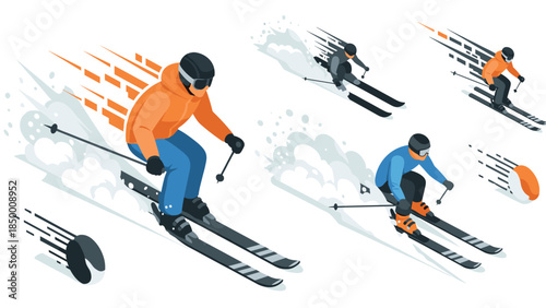 Winter sport enthusiasts speeding down slopes in dynamic flat design