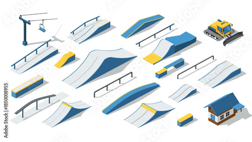 Winter sports equipment in isometric style: skiing and snowboarding terrain features